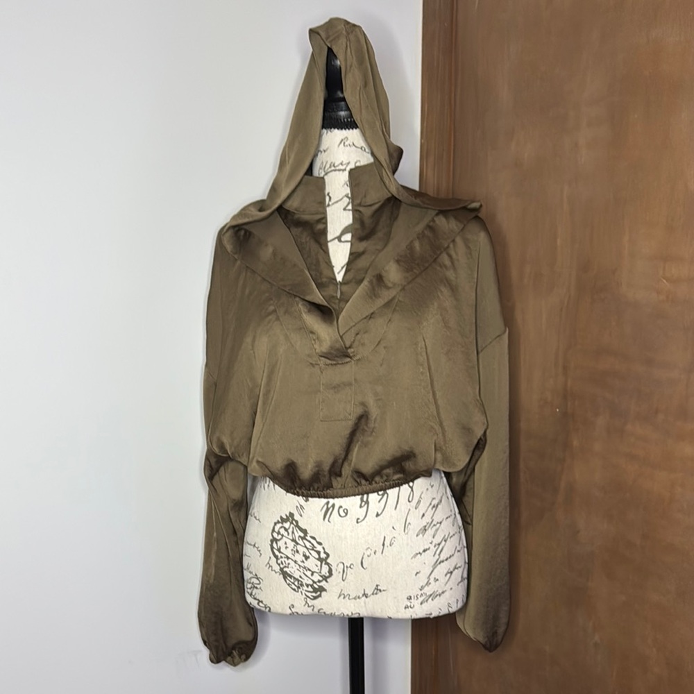 OPEN EDIT | Hooded Satin Pullover Jacket | Brown Shiitake | XS